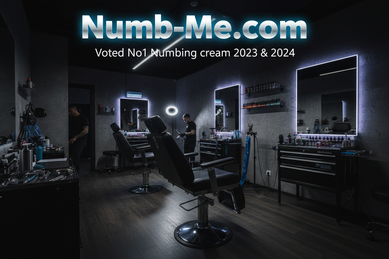 banner size: large letters: Numb-Me.com
smalle letters: below: Voted No1 Numbing cream 2023 & 2024
Background dark, tattoo saloon